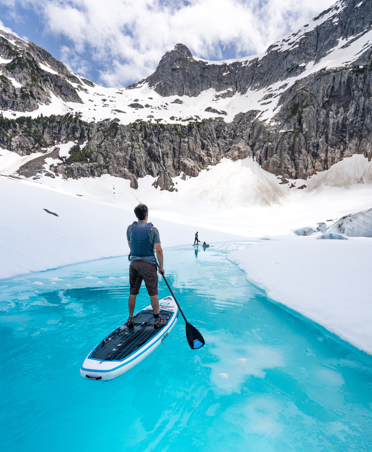 view while stand up paddle boarding on a glacier lake on a heli glacier paddle tour